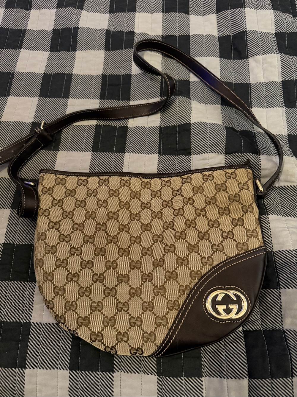 Gucci Beige Brown GG Canvas Crossbody Bag with Dark Brown Trim